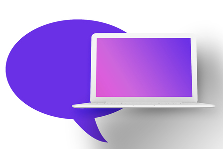 Laptop template mockup. White open laptop on a speech background. 3D renderingの写真素材