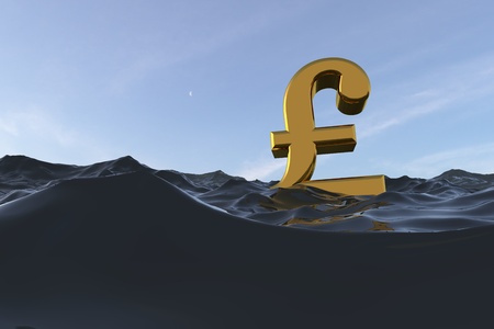 British pound sterling symbol at sea. Drowning in debt financial problem concept. 3D renderingの写真素材