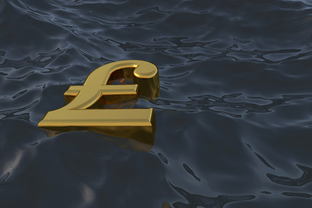 British pound sterling symbol at sea. Drowning in debt financial problem concept. 3D renderingの写真素材