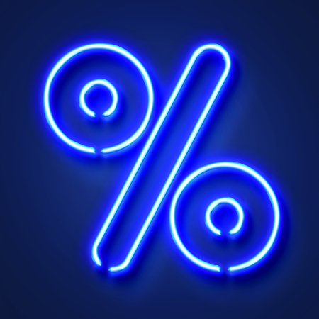 Percentage symbol realistic glowing blue neon letter against a blue backgroundの写真素材