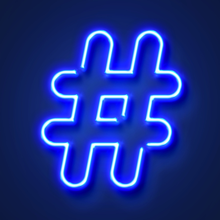 Hashtag realistic glowing blue neon letter against a blue backgroundの写真素材