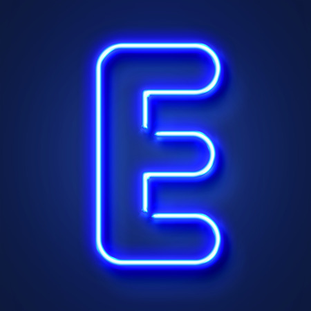 Letter E realistic glowing blue neon letter against a blue backgroundの写真素材
