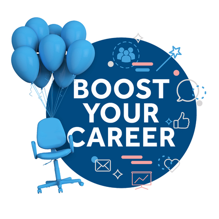 Business development concept. Chair and ballons with Boost your career message. 3D Renderingの写真素材