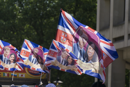 LONDON, UK - MAY 15th 2018: Union jack flag with Prince Harry and Meghan Markle on to celebrate the...