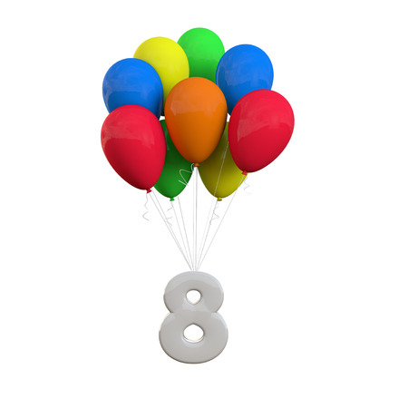 Number 8 party celebration. Number attached to a bunch of balloons. 3D Renderingの写真素材