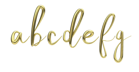 Lettes a, b, c, d, e, f, g, gold handwritten script font. 3D Renderingの写真素材