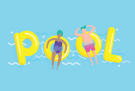 Overhead view of a people lying on a rubber rings in a swimming poolの写真素材