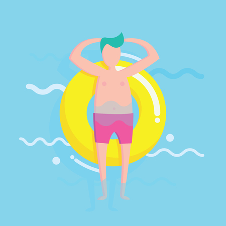 Overhead view of a man lying on a rubber ring in a swimming poolの写真素材