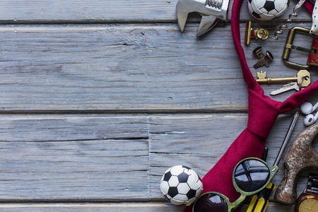 Overhead view of mens accessories on a wooden backgroun. Father's day conceptの写真素材