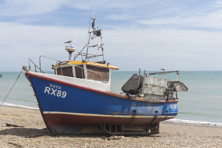 Hastings, UK - JUNE 23rd 2018: Traditional fishing boat on the shore in Hastings, Sussexのeditorial素材