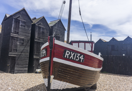 Hastings, UK - JUNE 23rd 2018: Traditional fishing boat on the shore in Hastings, Sussexのeditorial素材