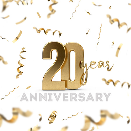 20 year anniversary celebration. Gold number with golden confettiの写真素材