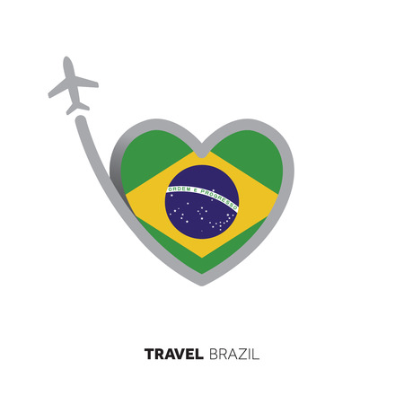 Brazil travel concept. Heart shape flag with airplaneのイラスト素材