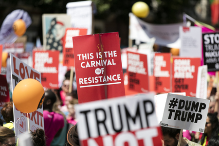 LONDON, UK - July 14th 2018: Large crowds of protesters gather in central London to demonstrate against President Trump's visit to the UKのeditorial素材