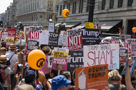 LONDON, UK - July 14th 2018: Large crowds of protesters gather in central London to demonstrate against President Trump's visit to the UKのeditorial素材