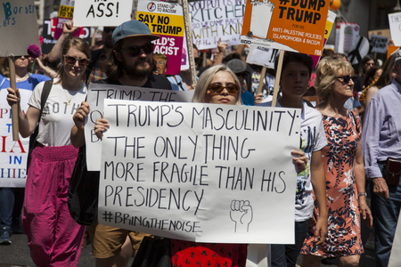 LONDON, UK - July 14th 2018: Large crowds of protesters gather in central London to demonstrate...