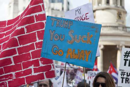 LONDON, UK - July 14th 2018: Large crowds of protesters gather in central London to demonstrate...