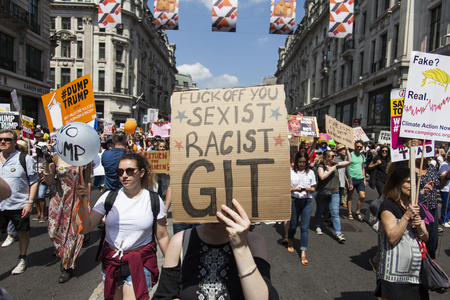 LONDON, UK - July 14th 2018: Large crowds of protesters gather in central London to demonstrate against President Trump's visit to the UKのeditorial素材