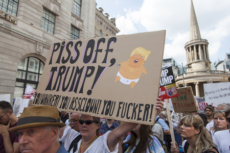 LONDON, UK - July 14th 2018: Large crowds of protesters gather in central London to demonstrate against President Trump's visit to the UKのeditorial素材