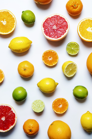 Citrus fuits, grapefruit, lemon, lime, orange backgroundの写真素材