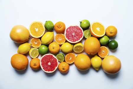 Citrus fuits, grapefruit, lemon, lime, orange backgroundの写真素材