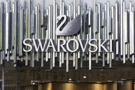LONDON, UK - JULY 31th 2018: Swarovski luxury jewellery shop sign on Oxford Street in central London.のeditorial素材