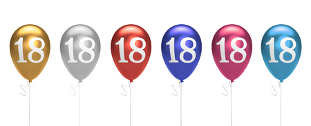 Number 18 birthday balloons collection gold, silver, red, blue, pink. 3D Renderingの写真素材