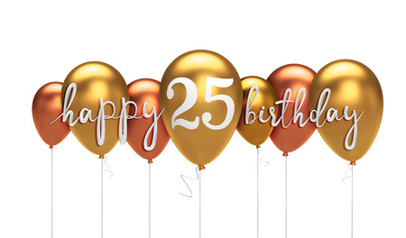 Happy 25th birthday gold balloon greeting background. 3D Renderingの写真素材