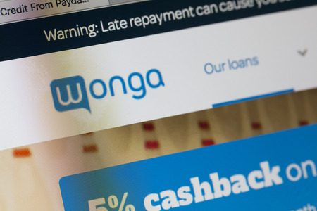 LONDON, UK - AUGUST 28th 2018: Wonga payday lender logo on a computer screen. Wonga is a payday loan company offering short-term, high-cost credit.のeditorial素材