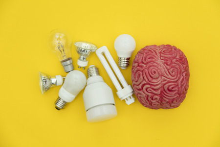 Bright idea. Brain with lightbulb. inspiration, innovation, solution conceptの写真素材