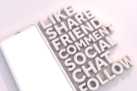 Smartphone with social media keywords. 3D renderingの写真素材