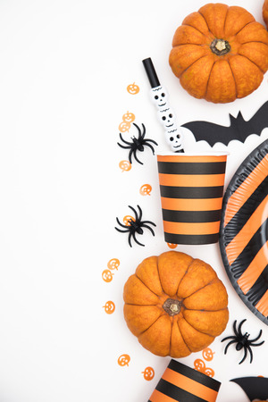 Halloween party background with pumpkins, spooky bats, creepy spidersの写真素材