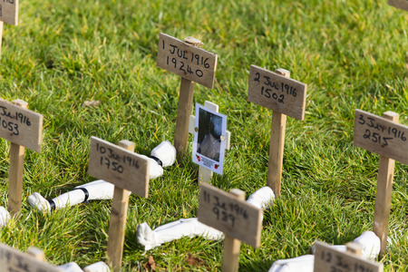 LONDON, UK - November 8th 2018: Shrouds of the somme exhibit in London. 72,396 shrouded figures represent those killed during the Battle of the Somme in 1916, but whose bodies were never recovered.のeditorial素材