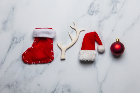Christmas collection of decorations on a marble backgroundの写真素材