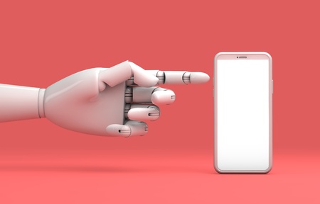 Modern smartphone blank screen template with robotic hand. abstract trendy fashionable mockup. 3D Renderingの写真素材