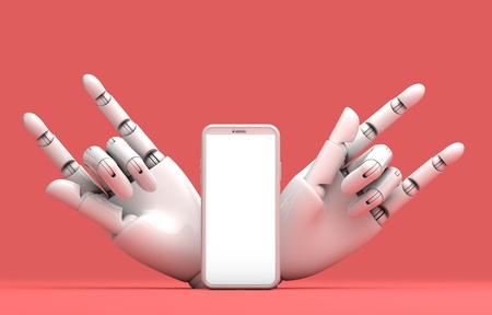 Modern smartphone blank screen template with robotic hand. abstract trendy fashionable mockup. 3D Renderingの写真素材