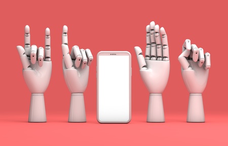 Modern smartphone blank screen template with robotic hand. abstract trendy fashionable mockup. 3D Renderingの写真素材