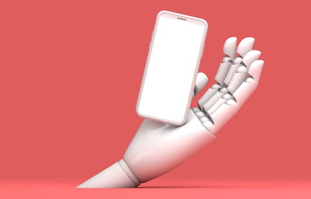 Modern smartphone blank screen template with robotic hand. abstract trendy fashionable mockup. 3D Renderingの写真素材