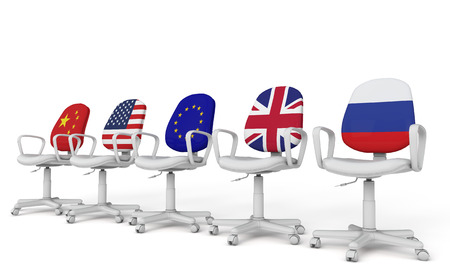A row of chairs with international flags. Global politics concept. 3D Renderingの写真素材