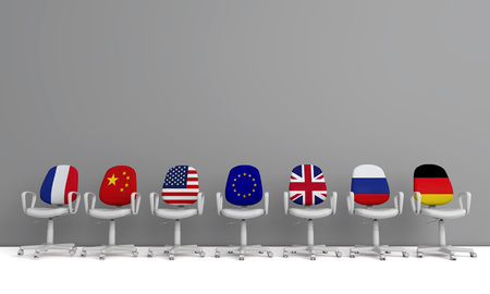 A row of chairs with international flags. Global politics concept. 3D Renderingの写真素材