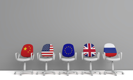 A row of chairs with international flags. Global politics concept. 3D Renderingの写真素材