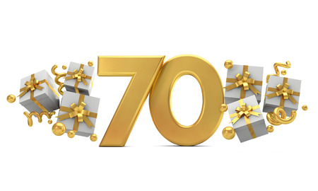 Number 70 gold birthday celebration number with gift boxes. 3D Renderingの写真素材