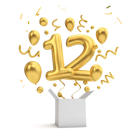Happy 12th birthday gold surprise balloon and box. 3D Renderingの写真素材