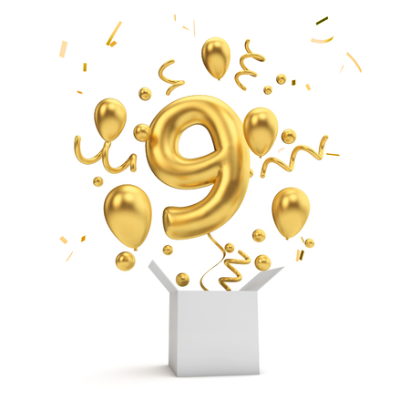 Happy 9th birthday gold surprise balloon and box. 3D Renderingの写真素材