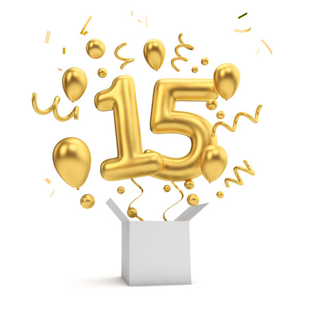 Happy 15th birthday gold surprise balloon and box. 3D Renderingの写真素材