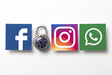 LONDON, UK - FEBRUARY 8th 2019: Facebook, Instagram and Whatsapp logos printed onto paper.