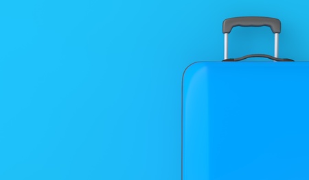 Blue travel suitcase against a blue background. 3D Renderingの写真素材