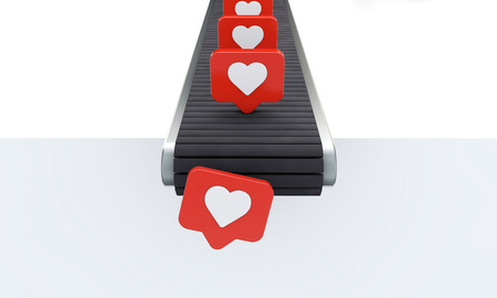 Social media heart like icons on a production line conyeror belt. 3D Renderの写真素材