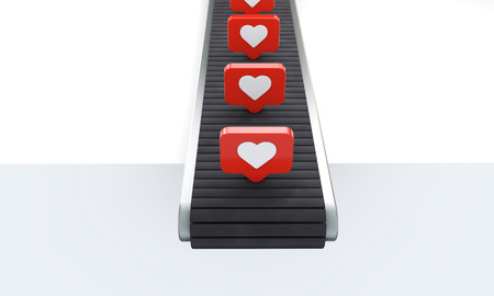 Social media heart like icons on a production line conyeror belt. 3D Renderの写真素材