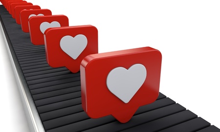 Social media heart like icons on a production line conyeror belt. 3D Renderの写真素材